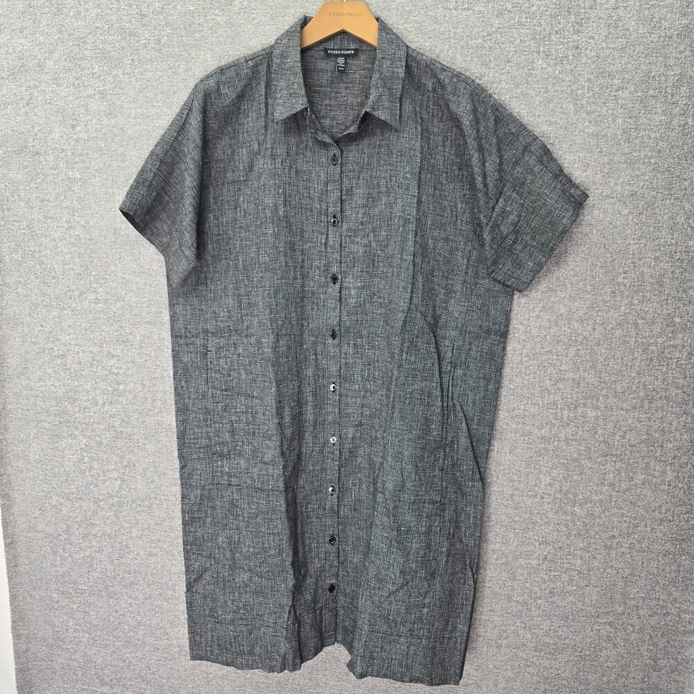 EILEEN FISHER HEMP ORGANIC COTTON GRID SHIRTDRESS, SIZE XS *